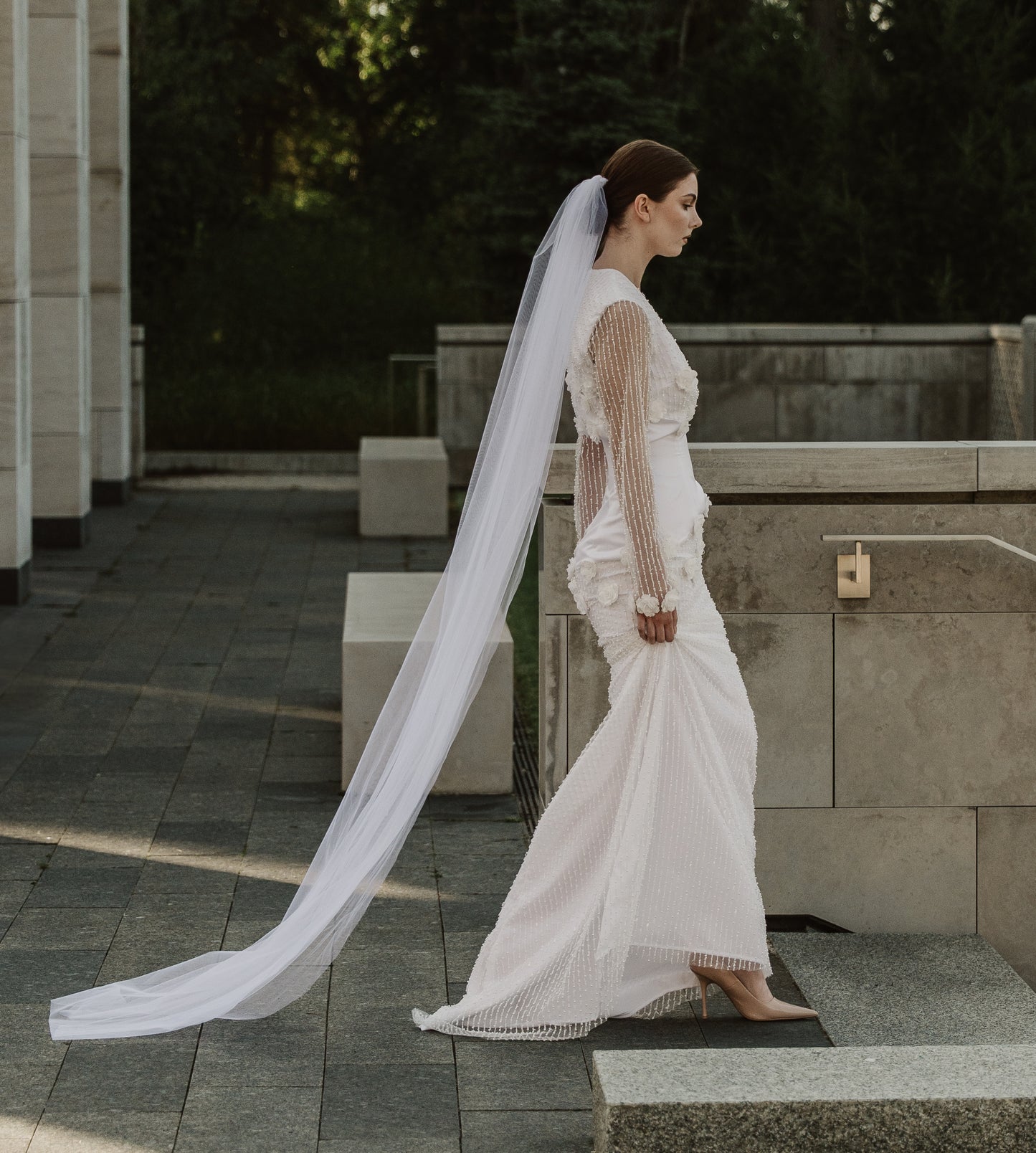 BEADED WEDDING DRESS WITH 3D FLOWER APPLIQUE