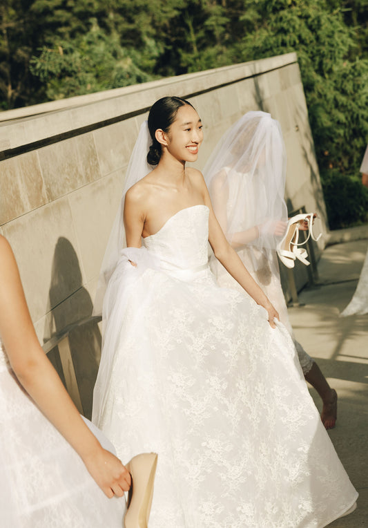 Chantilly lace custom wedding dress with corset