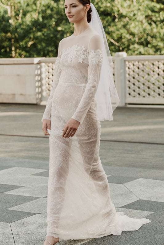 Illusion neck wedding dress with heavy bead embroidery appliqué