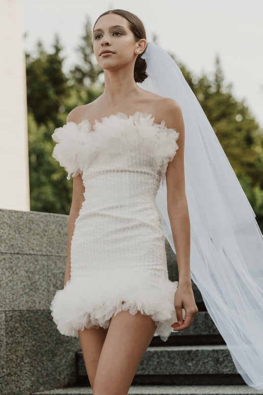 BEADED LACE BRIDAL MINI DRESS