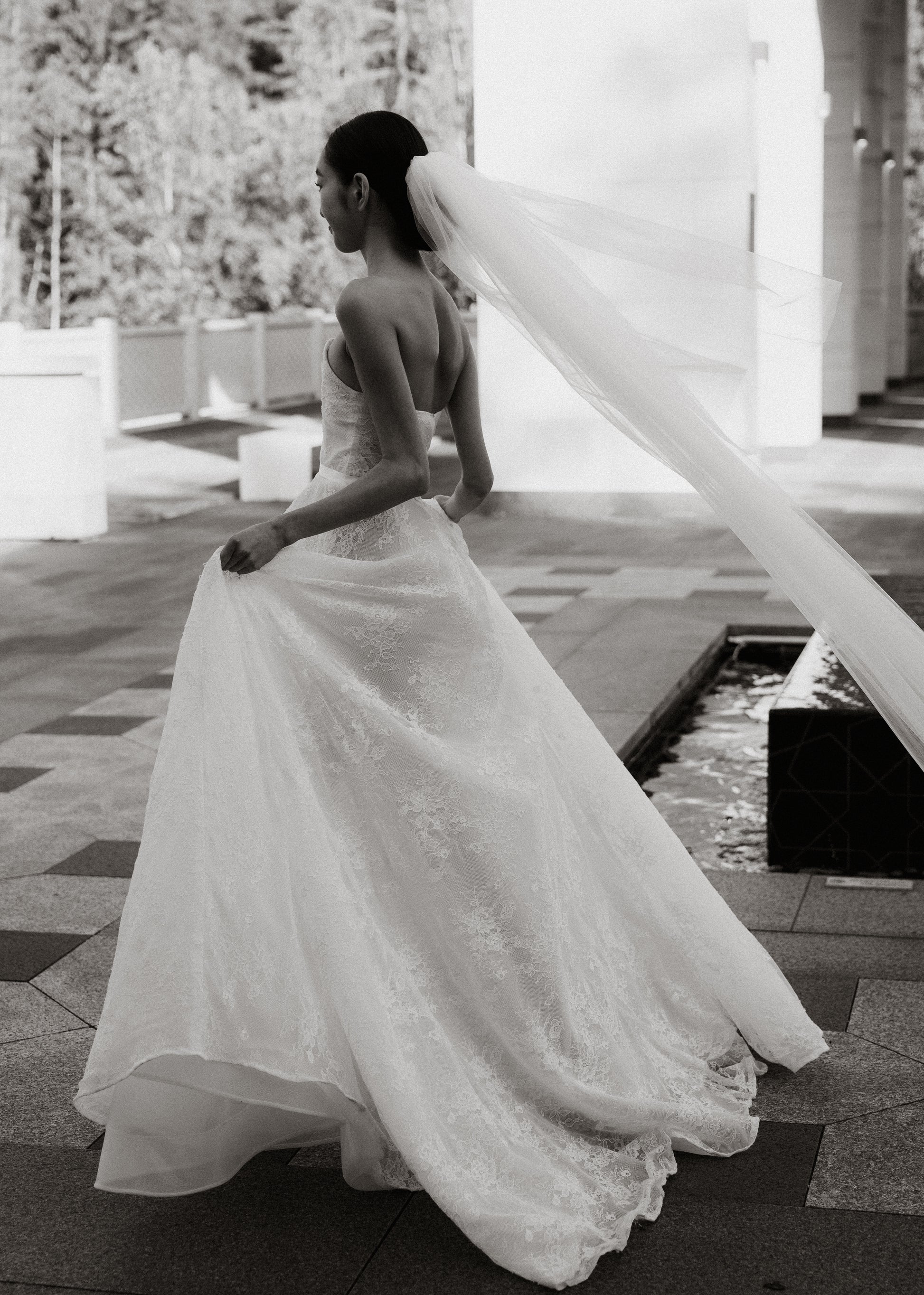 Seamless Chantilly lace bridal gown with 24 inch train