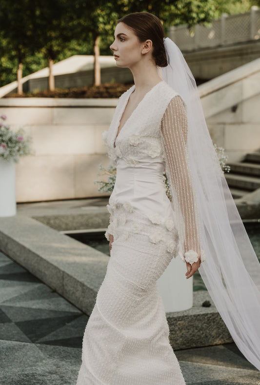 Beaded wedding dress with 3D flower applique