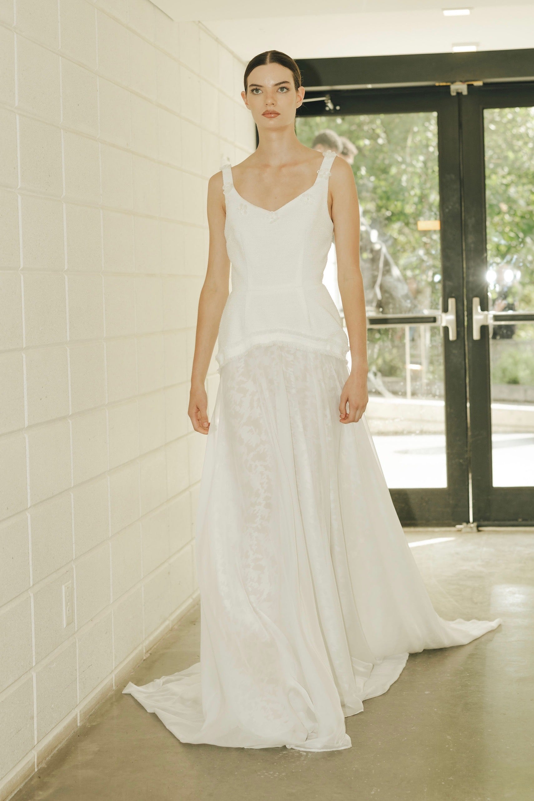 Multi-textured bridal gown with tweed bodice and chiffon skirt