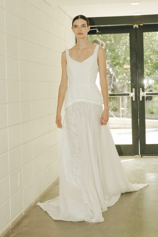 Multi-textured bridal gown with tweed bodice and chiffon skirt